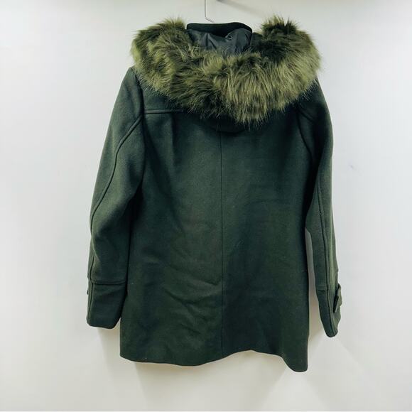 Coffeeshop Emmalise Wool Blend Jacket Green Faux Fur Hood Front Buckle Sz S - Picture 2 of 11